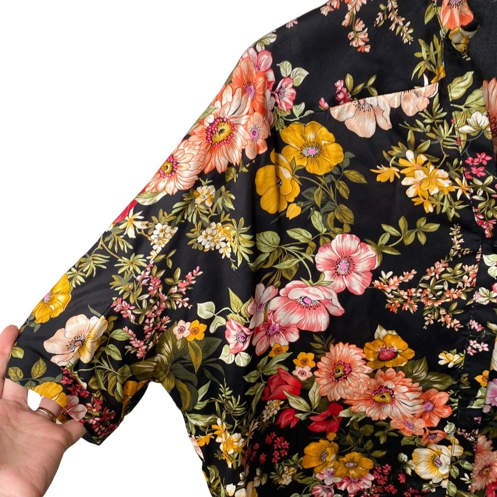 Zara Basic Collection Floral Oriental Silky Button Down Popover Blouse Small - Picture 5 of 8